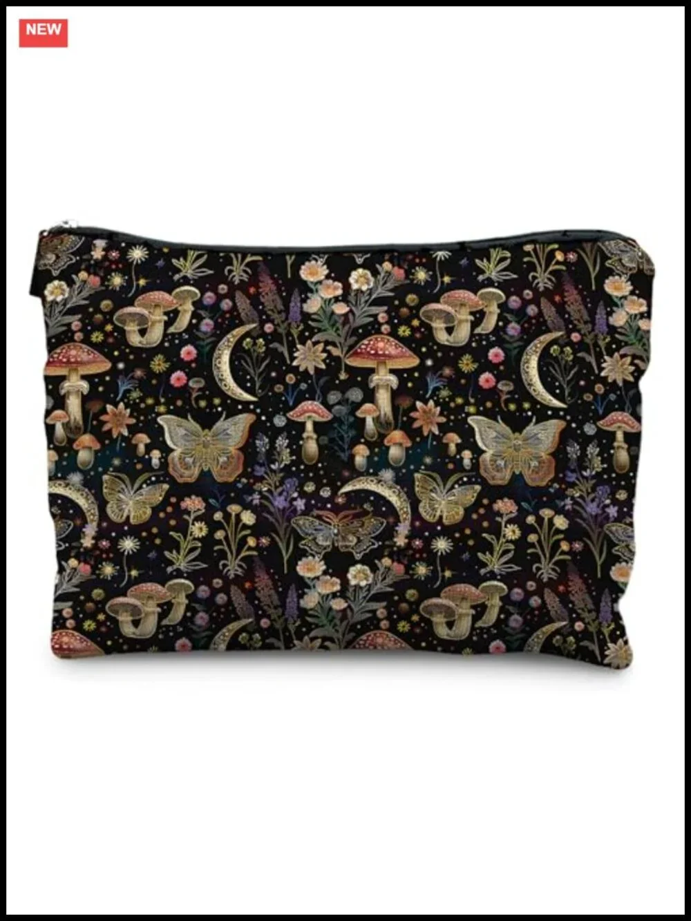 Gothic Witchy Moon Mushroom Butterfly Floral Linen Canvas Zipper Cosmetic Bag